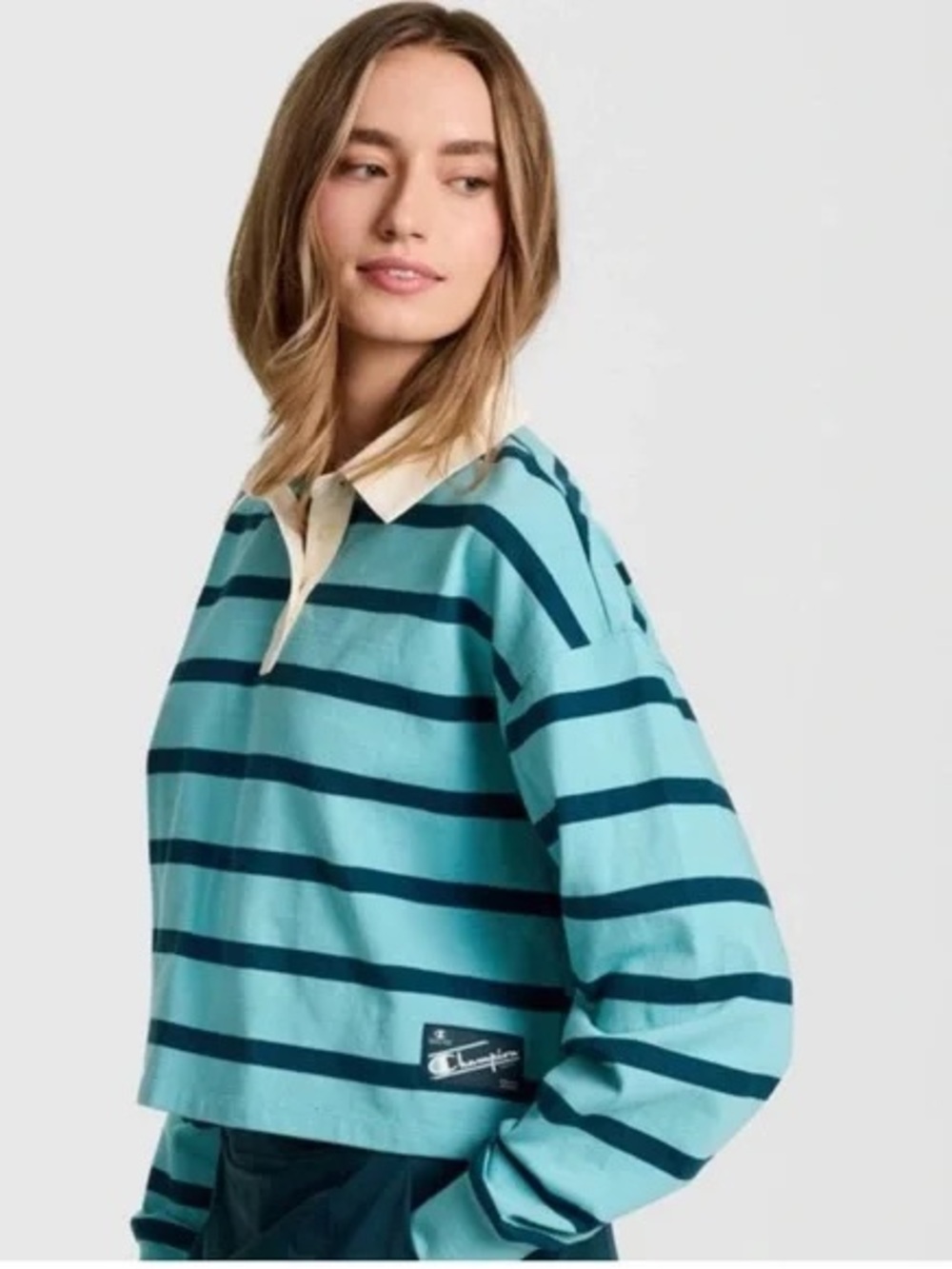 ♡ Champion Point Cropped Rugby Tee Milky Way Blue Striped